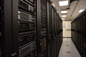 Server racks with blinking lights are storing data in a modern data center