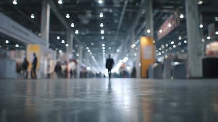 A lone figure navigates a bustling convention center filled with bright lights and distant crowds, capturing a moment of solitude.
