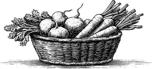 Fototapeta premium Vintage engraving of a basket filled with vegetables for culinary art and decor