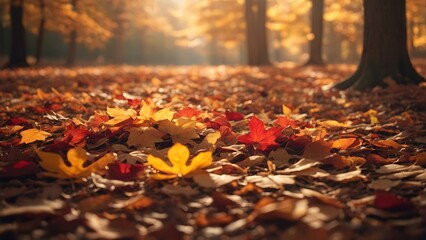 Fall Leaves Cover the Ground in a Peaceful Forest Setting During Autumn in Late Afternoon Sunlight