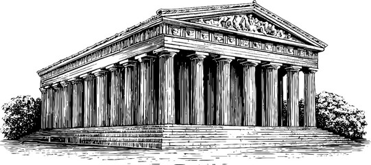 Classical architectural engraving of ancient building with columns for design and decor