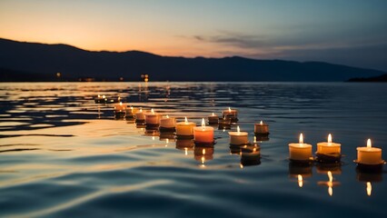 Floating Candles Illuminate a Tranquil Lake at Sunset, Creating a Peaceful Evening Atmosphere With Warm Reflections