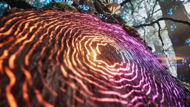 Fantasy tree trunk with glowing patterns and colorful fungi growing in a mystical forest
