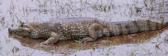 Giant Brazilian alligator resting on the edge of the swamp.