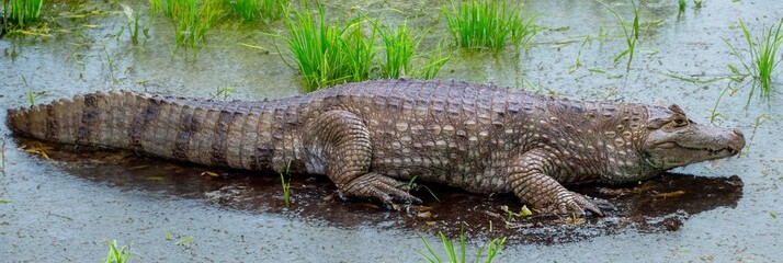 Giant Brazilian alligator resting on the edge of the swamp.