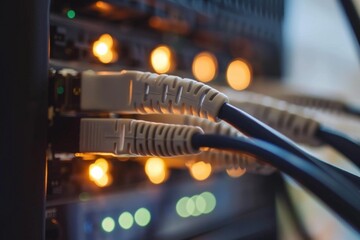Close up of network cables plugged into a server, transmitting data in a modern data center with flashing lights