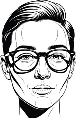 Black and white graphic portrait of a young man with a stylish haircut and thickframed glasses.
