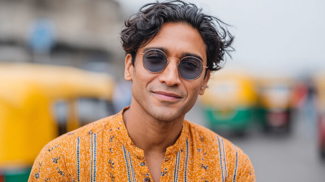 Bollywood inspired urban fashion in mumbai street scene with young man in sunglasses