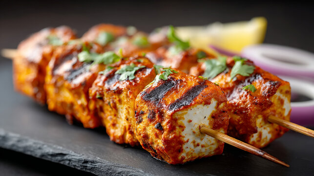Close up of grilled paneer tikka skewers perfect for indian cuisine enthusiasts
