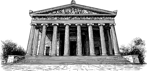 Classical triangular pediment and columns engraving - architectural design for vintage decoration