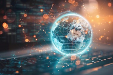 Earth globe hologram with network connections hovering above laptop keyboard, symbolizing global communication and technology