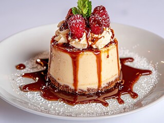 Close-up of a cheesecake dessert with caramel sauce, whipped cream, raspberries, and mint on a white plate. Dessert is drizzled with caramel and dusted with pow