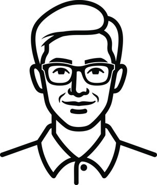 Black and white line art portrait of a smiling man wearing thickrimmed glasses and a collared shirt.