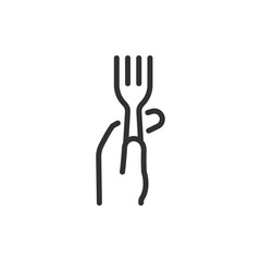 Hand holding fork, linear icon. Eating gesture and table etiquette. Line with editable stroke.