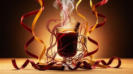 Hot beverage with cinnamon stick and ribbons on wooden table  
