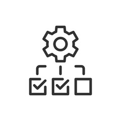 Gear and checkboxes, linear icon. Task automation and process optimization. Line with editable stroke.