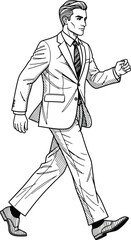 Confident businessman in a formal suit and tie walking detailed black and white line art illustration.