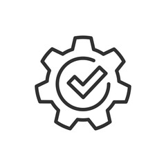 Gear with checkmark, linear icon. System configuration completed successfully. Line with editable stroke.