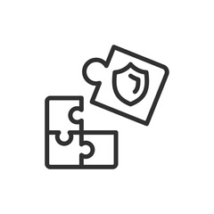 Puzzle pieces with shield, linear icon. Medical data protection and integration. Line with editable stroke.