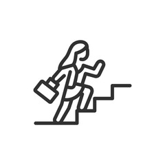 Woman walking up stairs, linear icon. Female character moving forward or career growth metaphor. Line with editable stroke.