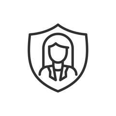 Woman in shield, linear icon. Business protection and security. Line with editable stroke.