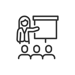 Woman giving presentation, linear icon. Business training and leadership communication. Line with editable stroke.