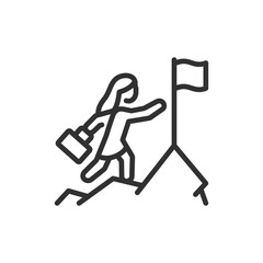 Woman climbing with flag, linear icon. Career growth and achievement goal. Line with editable stroke.
