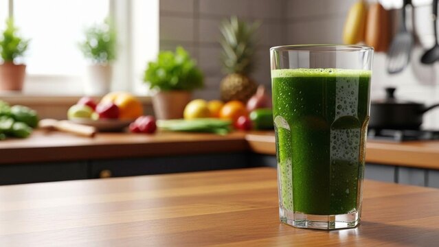 Refreshing Green Smoothie in a Kitchen Setting with Fresh Fruits
