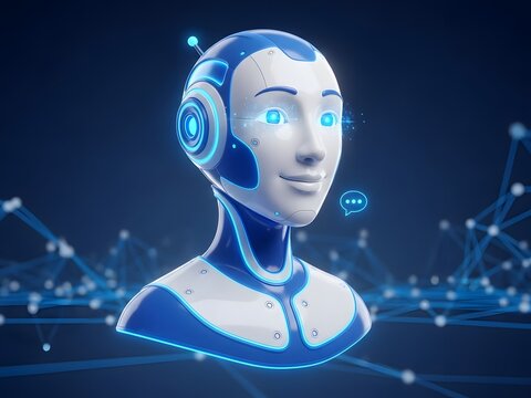 Modern robot head portrait with glowing eyes and communication icon