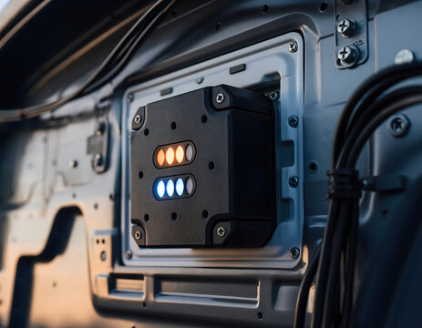 Detailed view of a robust electronic data hub with glowing LED status indicator lights