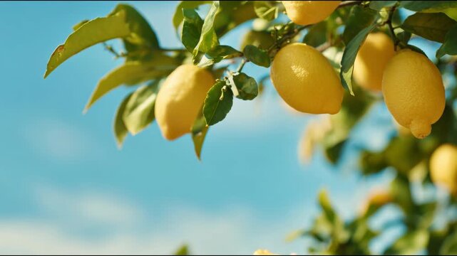 Farmer's hand gently picking a fresh, yellow lemon from a tree branch against a blue sky