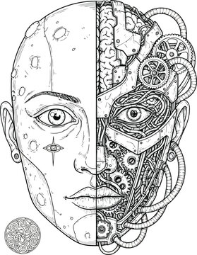 Intricate line art of a split cyborg face one half human the other revealing complex mechanical gears wires and brain.