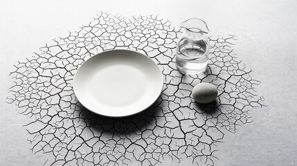 Minimalist white plate with glass of water and white stone on textured surface  