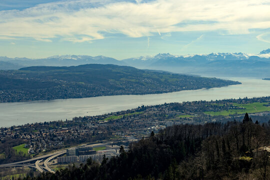 Beautiful view on Zurich and Zurich lake from Uetliberg observation tower, Switzerland