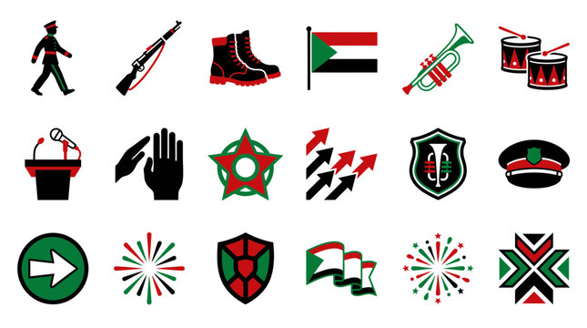 Sudan Independence Day Icon Set Featuring Military Parade Symbols, National Colors, and Revolutionary Spirit
