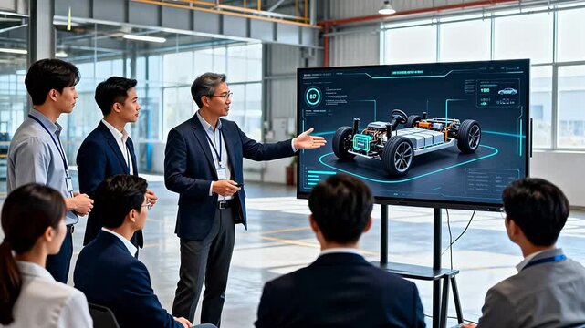 Man presenting electric vehicle technology to group