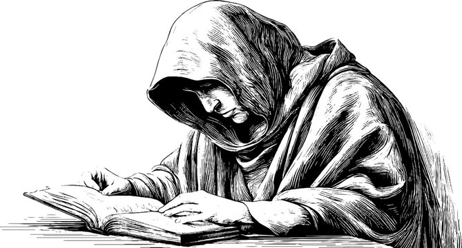 Engraved decorative medieval monk illustration for historical design