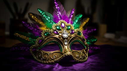 Ornate gold masquerade mask decorated with purple, green, and gold glitter and feathers resting on purple fabric