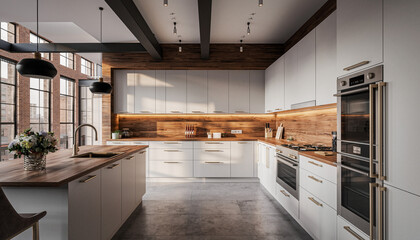 Modern kitchen with white cabinets, wooden countertops, and large windows, creating a bright and airy space.