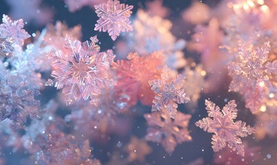 A 3D neon snowflake pattern composed of various sizes and shapes, glowing in soft luminous colors