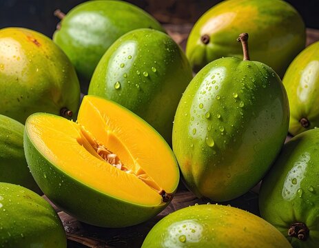 Group of green and yellow ripe genipap fruit close up