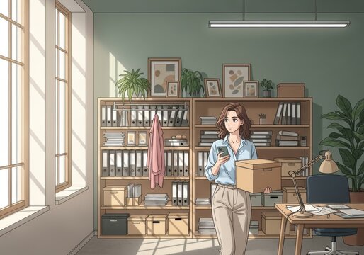 A woman in a blue shirt and beige pants holding a book in a bright room with shelves of books and plants