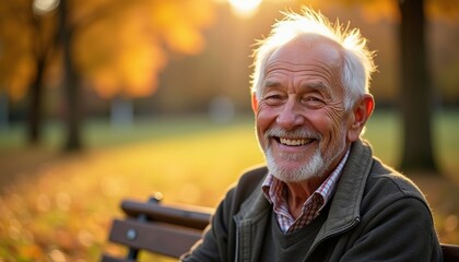 Elderly man smiling while sitting on bench in autumn park  