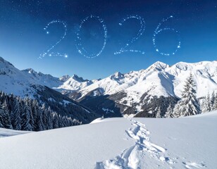Snowy mountain landscape with numbers floating overhead