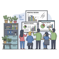 Professional Team Analyzing Charts and Graphs in a Modern Office.