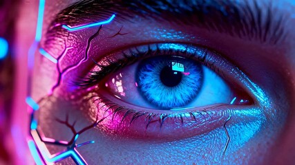 Closeup of an eye with neon cybernetic design