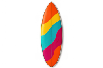 Surfboard with vibrant wavy colors indicating summer fun, beach vacation, and water sports, ready for surfing adventures