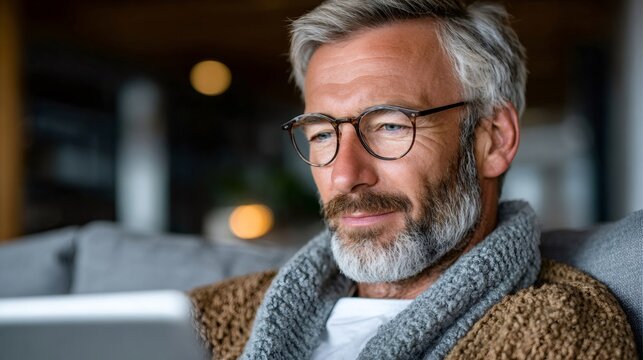 Mature man relaxing using digital tablet at home - Powered by Adobe