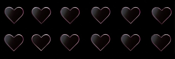 Row of glowing dark hearts on black background with pink outlines
