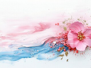 A close-up of a pink flower with gold accents, set against a backdrop of abstract paint strokes in shades of pink, blue, and white.